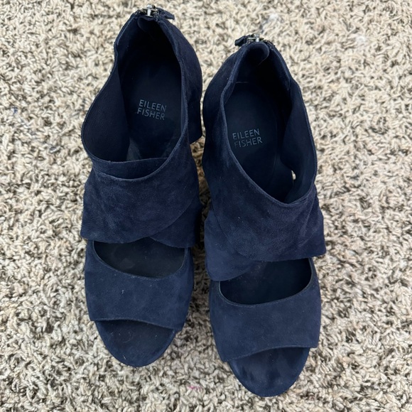 Eileen Fisher Draw Suede Open Toe Navy 4” Platform Wedge Leather Sandals - Picture 4 of 9